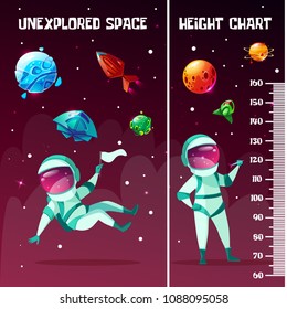 Vector height chart in space style with astronauts playing darts, holding flag, cosmic objects - unexplored planets with satellites, starts galaxy, spaceship rocket. Cartoon wall meter, growing scale