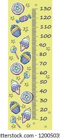 Vector height gauge for children. Cartoon donuts, cup cakes, ice cream, candies, lollipops, stars, 