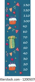 Vector height gauge for children. Cartoon cup cakes, gift box, candies, party stuff, stars.
