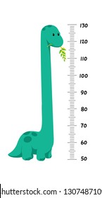 Vector height wall chart decorated with cartoon dinosaur - brontosaurus, or diplodocus with tall neck - and numbers. Illustration in flat style for children growth measure, gift for baby birth, shower