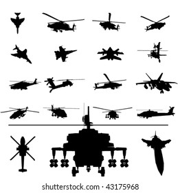 vector helicopter and fighter silhouettes