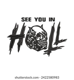 vector hell devil skull logo using embroidery art