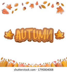 vectorial hello autumn banner o etiqueta con texto y hojas de otoño caídas aisladas en fondo blanco. Afiche o cartel de otoño con dibujos animados