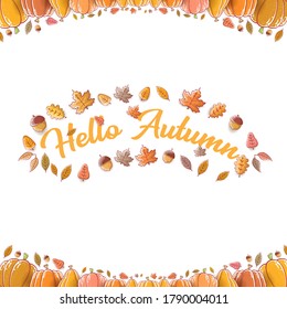 vector hello autumn banner or label with text and falling autumn leaves isolated on white background. Cartoon hello autumn poster or banner