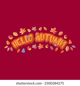 vector hello autumn banner or label with text and falling autumn leaves on red background. Cartoon hello autumn poster or banner