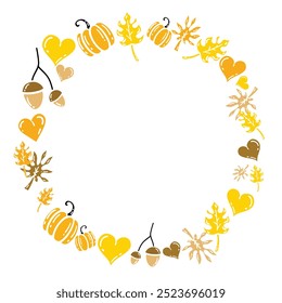 Vector Hello Autumn foliage wreath template. Round autumn border of yellow dry leaves, acorns and hearts and pumpkins. Fall season greeting card isolated design on white background.