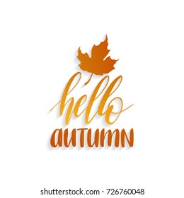 Vector Hello Autumn hand lettering. Maple leaf illustration on white background. Typography poster with inspirational phrase.