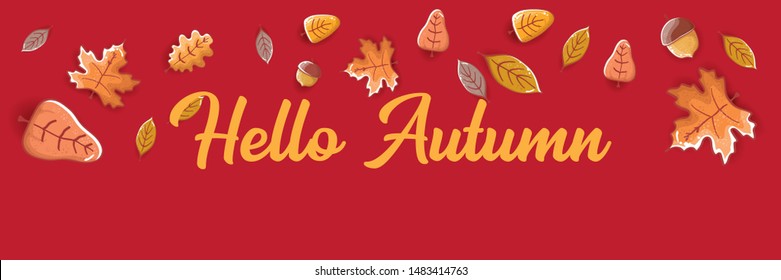 vector hello autumn horizontal banner or  label with text and falling autumn leaves on red horizontal background. Cartoon hello autumn poster, flyer or banner