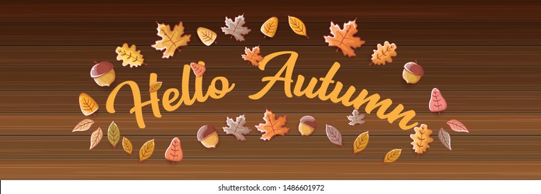 vector hello autumn horizontal banner or  label with text and falling autumn leaves on wooden horizontal background. Cartoon hello autumn poster, flyer or banner