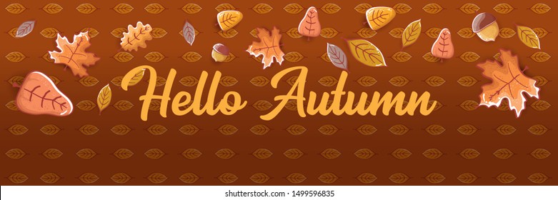 vector hello autumn horizontal banner or  label with text and falling autumn leaves on brown horizontal background. Cartoon hello autumn poster, flyer or banner