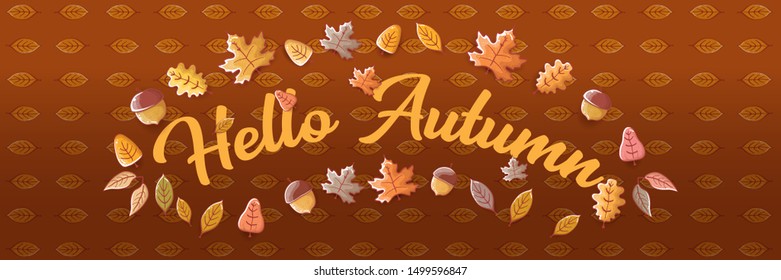 vector hello autumn horizontal banner or  label with text and falling autumn leaves on brown horizontal background. Cartoon hello autumn poster, flyer or banner
