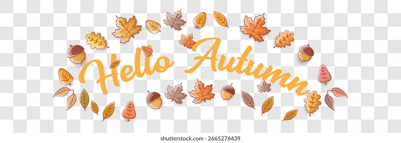 vector hello autumn horizontal banner or label with text and falling autumn leaves on transparent horizontal background. Cartoon hello autumn poster, flyer or wide banner