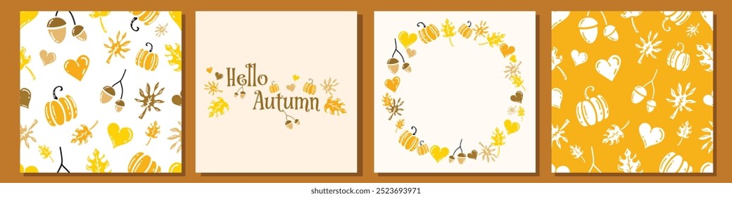 Vector Hello Autumn set collection lettering in foliage wreath. Round autumn border of yellow dry leaves, acorns and hearts and pumpkins. Fall season greeting card, frame and seamless patterns.