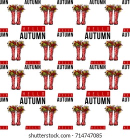 Vector hello autumn text and red polka dot wellies with autumn leaves illustration. Seamless pattern in watercolor style. Backdrop for decoration seasonal celebration, fabrics, textile, cards, web.