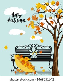 Vector Hello Autumn with upside down umbrella filled and over spilling maples leaves next to bench, leaves falling from maples tree in retro style, Autumn or Fall seasons background for banner or card