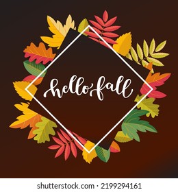 Vector Hello Fall greeting card. Grateful, Thankful and Blessed calligraphy quote. Social media post template. Bright warm autumn colors juicy design. Colorful fall leaves. Bouncy hand lettering