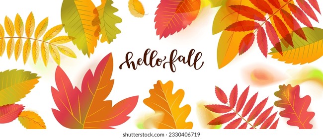 Vector Hello Fall Sale horizontal promotion banner. Bright warm colors design template. Vivid colorful autumn leaves with shadows isolated on white background