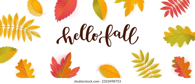 Vector Hello Fall Sale horizontal promotion banner. Bright warm colors design template. Vivid colorful realistic falling autumn leaves isolated on white background. Hello fall hand lettering