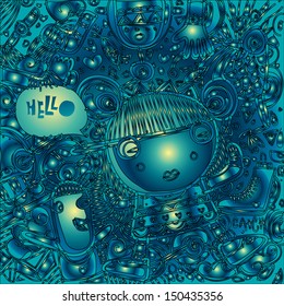 vector hello greeting card cute girl in the night and green glow colors background