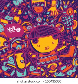 vector hello greeting card cute girl on cheerful and vibrant colors background