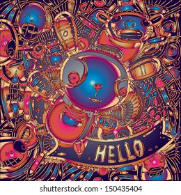 vector hello greeting card form cute rabbit in the night and glowing background colors