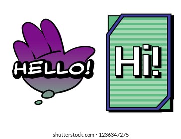 Vector Hello and Hi speech bubbles. Colorful emotional icons isolated on white background. Comic and cartoon style