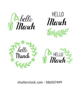 Vector hello march lettering with green leaves and blossom designs
