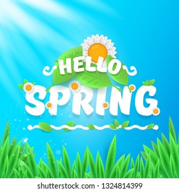 vector hello spring banner with green grass, blue sky and flowers. hello spring flyer, banner or background with green field landscape