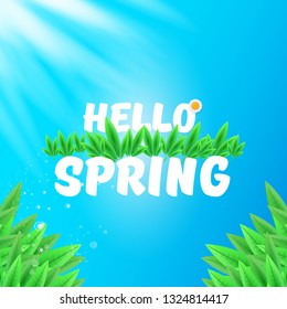 vector hello spring banner with green grass, blue sky and flowers. hello spring flyer, banner or background with green field landscape