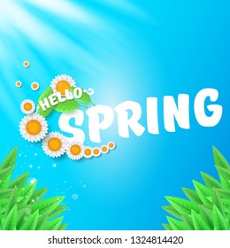 vector hello spring banner with green grass, blue sky and flowers. hello spring flyer, banner or background with green field landscape