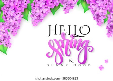 Vector hello spring banner with lettering, lilac flowers.