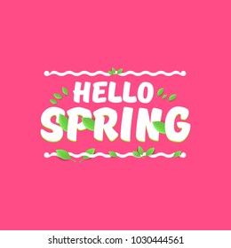 vector hello spring  banner with text and flowers. hello spring slogan or label isolated on pink background