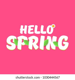 vector hello spring  banner with text and flowers. hello spring slogan or label isolated on pink background