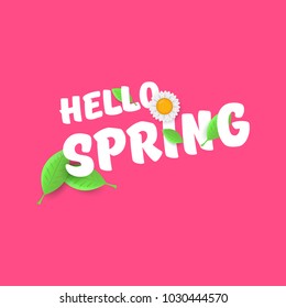 vector hello spring  banner with text and flowers. hello spring slogan or label isolated on pink background