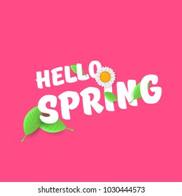 vector hello spring  banner with text and flowers. hello spring slogan or label isolated on pink background