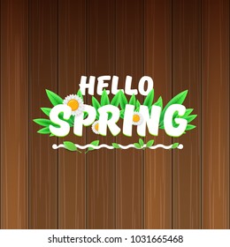 vector hello spring banner with text and flowers. hello spring slogan or label isolated on wooden background