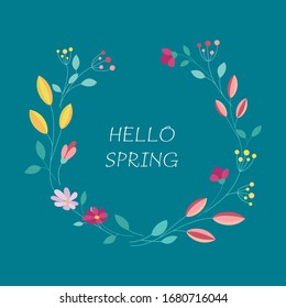 Vector Hello Spring card with a floral bright frame. 
