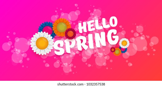 vector hello spring cut paper horizontal banner with text and flowers. hello spring slogan or label isolated on pink background