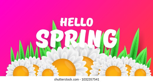 vector hello spring cut paper horizontal banner with text and flowers. hello spring slogan or label isolated on pink background