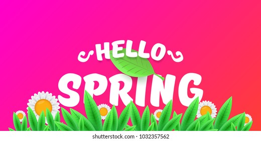 vector hello spring cut paper horizontal banner with text and flowers. hello spring slogan or label isolated on pink background