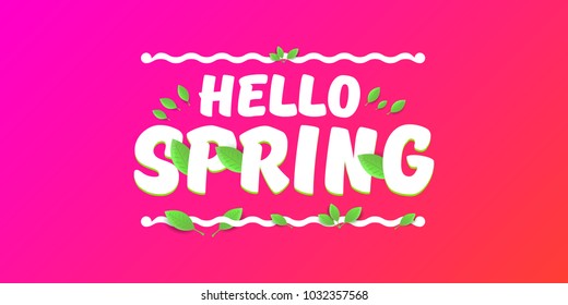 vector hello spring cut paper horizontal banner with text and flowers. hello spring slogan or label isolated on pink background