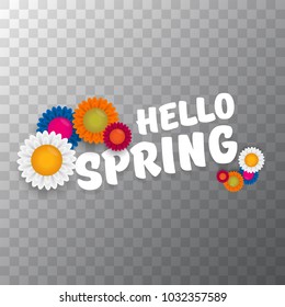 vector hello spring cut paper banner with text and flowers. hello spring slogan or label isolated on transparent background
