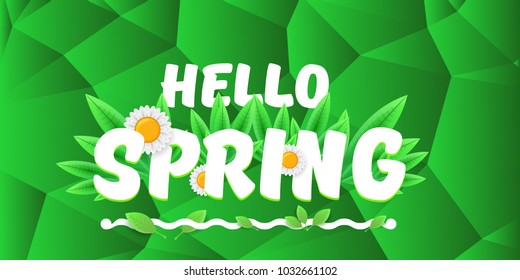 vector hello spring cut paper horizontal banner with text and flowers. hello spring slogan or label isolated on green low poly background