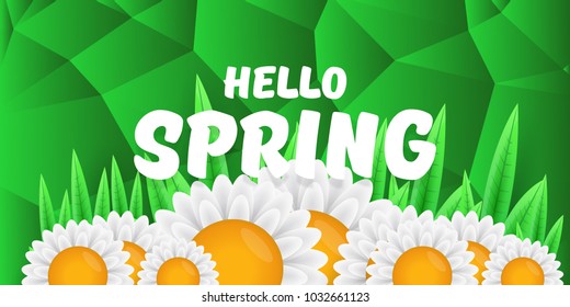 vector hello spring cut paper horizontal banner with text and flowers. hello spring slogan or label isolated on green low poly background