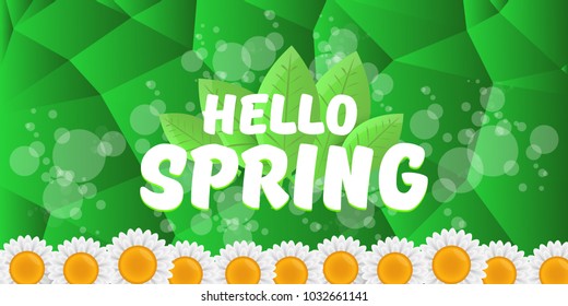 vector hello spring cut paper horizontal banner with text and flowers. hello spring slogan or label isolated on green low poly background