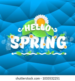 vector hello spring cut paper banner with text and flowers. hello spring slogan or label isolated on blue low poly background