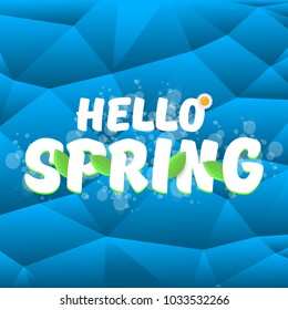 vector hello spring cut paper banner with text and flowers. hello spring slogan or label isolated on blue low poly background