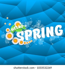 vector hello spring cut paper banner with text and flowers. hello spring slogan or label isolated on blue low poly background