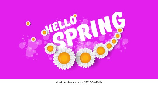 vector hello spring cut paper horizontal banner with text and flowers. hello spring slogan or label isolated on purple or violet background