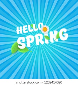 vector hello spring cut paper banner with text and flowers. hello spring slogan or label isolated on blue rays background